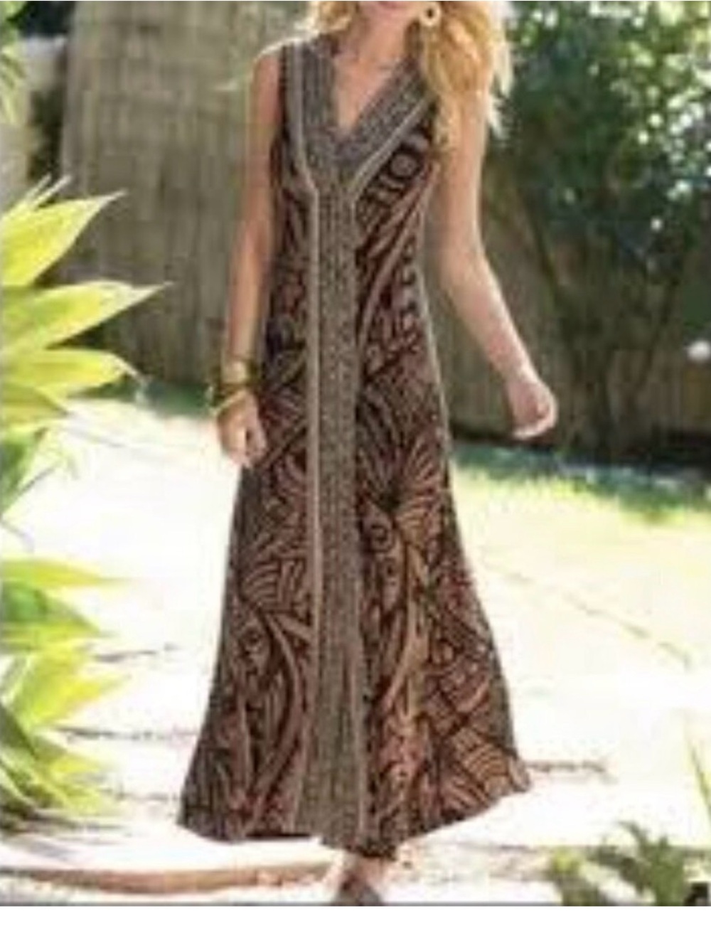 Soft Surroundings Brown Patterned V-Neck Maxi Dress